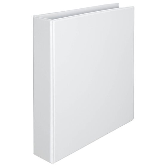 Closed white Marbig Clearview Hi-Cap insert binder photographed at an angle, showing the plain white cover and the clear overlay lip along the front edge and down the spine.