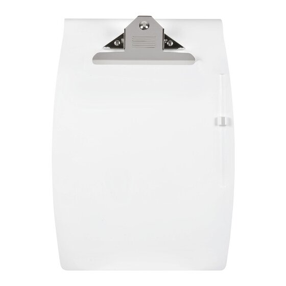 Front view of the white Marbig Hang It A4 clipboard 4420008 with a metal lever clip at the top and a pen holder clip on the right edge
