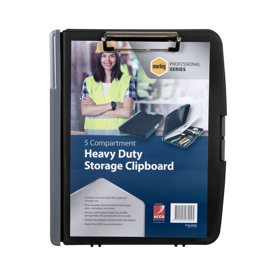 Marbig 5 compartment heavy duty storage clipboard 8360101 with its retail card under the chrome spring clip, showing the Professional Series badge and feature points