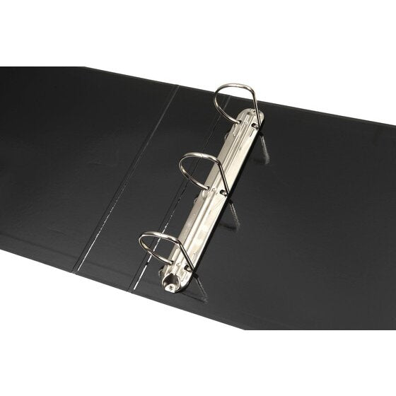 Close view of the open Marbig 5021002 A3 landscape binder showing three large metal rings on a chrome rail fixed to the inside of the black cover.
