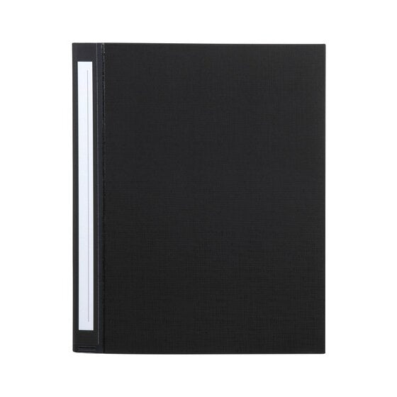 Black Marbig 5072002 A4 ring binder shown front on, closed, with a white label strip running the full height of the cover beside the spine.