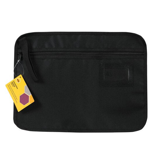 Black Marbig 9008302 convention satchel with a yellow swing tag reading Convention Satchel Zippered, business card window for identification and removable carry strap.