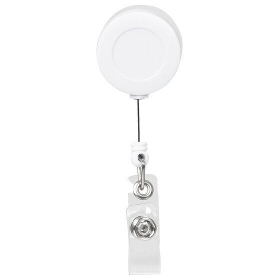 Rexel white round retractable reel with a thin cord, a clear strap and a metal press stud, shown on a white background