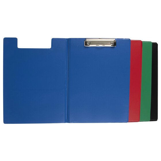 Blue Marbig A4 clipfolder opened out flat to show the inside of the front cover and the chrome clip, with the edges of red, green and black clipfolders behind