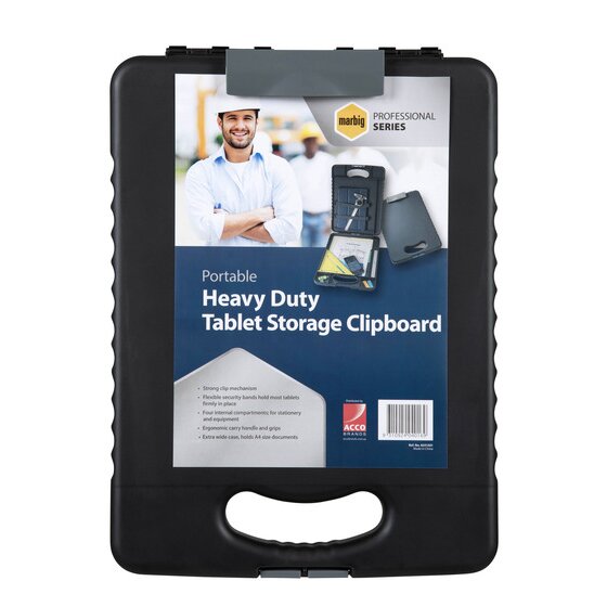 Closed Marbig heavy duty clipboard case 8331501 with its retail card under the clip, titled Portable Heavy Duty Tablet Storage Clipboard, with the Professional Series badge