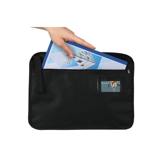 A hand sliding a document into the open zip of a black Marbig 9008302 convention satchel, with a card showing in its clear business card pocket.