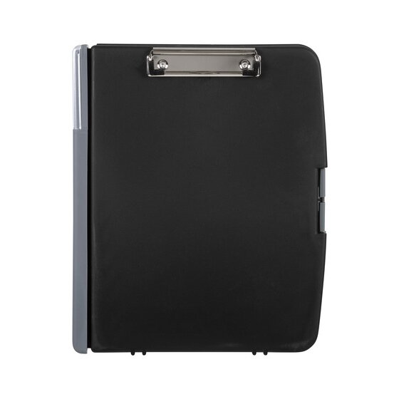 Front view of the closed Marbig storage clipboard 8360101, a black case with a chrome spring clip at the top and grey trim on the left edge