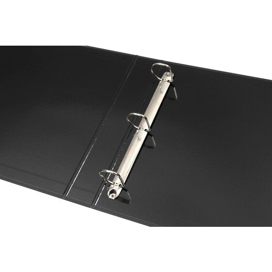 Close view of the open Marbig 5011002 A3 landscape binder showing three metal rings on a chrome rail mounted on the inside of the black board cover.