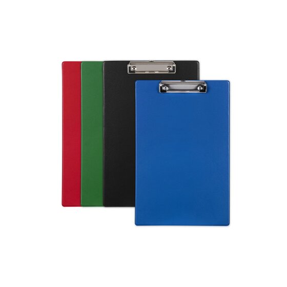 Marbig A4 clipboards in red, green, black and blue standing in an overlapping row with chrome clips at the top