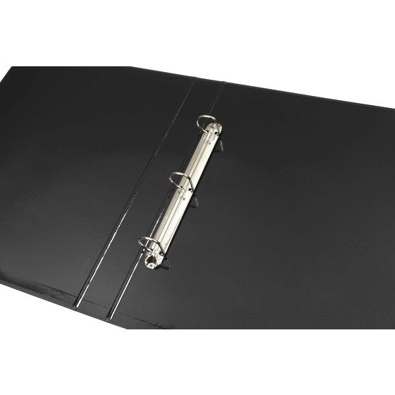 Close view of the open Marbig 5000002 A3 binder showing three metal rings on a chrome rail fixed to the inside of the black cover, rings shown closed.