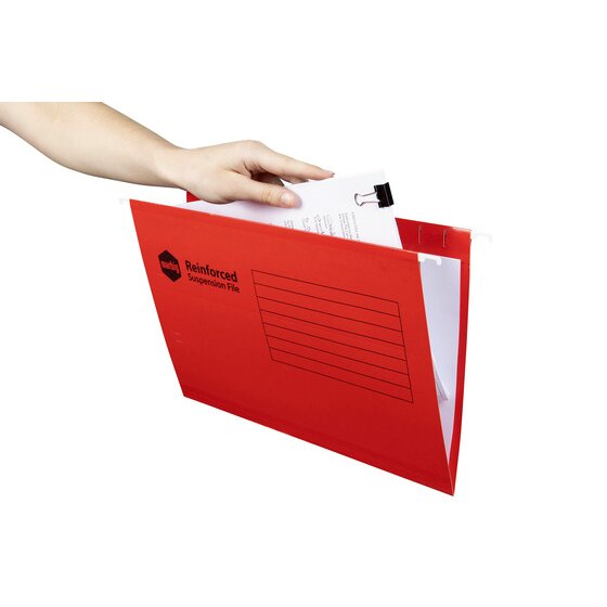 Hand lowering a clipped stack of papers into an open red Marbig Reinforced Suspension File