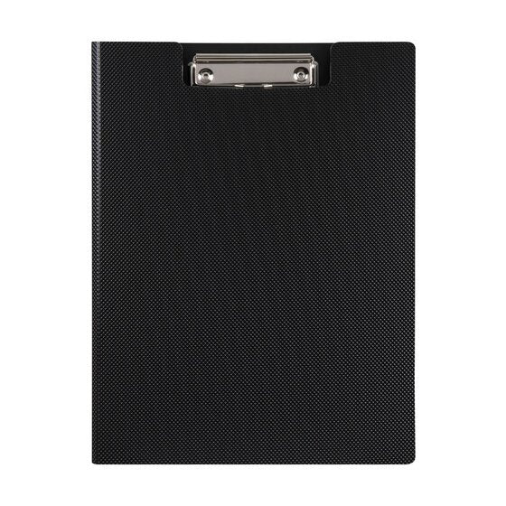 Marbig Enviro A4 clipfolder in black, closed, with a diamond textured cover and silver wire clip