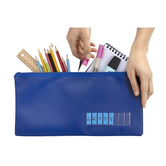 Hand lifting pencils and a notebook out of a blue Marbig large name pencil case with the letters AMITY in its clear name window