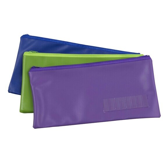 Three Marbig large name pencil cases in blue, lime and purple with zips along the top and an empty clear name window on the purple case