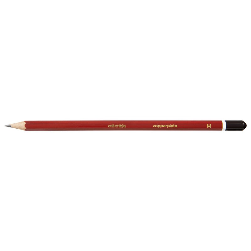Single Columbia Copperplate H pencil lying horizontally, red hexagonal barrel printed columbia, copperplate and H, white band and dark brown cap at one end and a sharpened point at the other