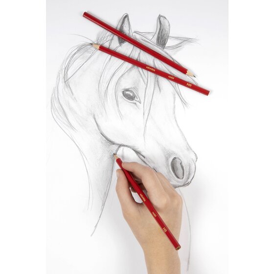 Pencil drawing of a horse in progress, a hand holding a red Columbia Cadet pencil with others lying on the sketch
