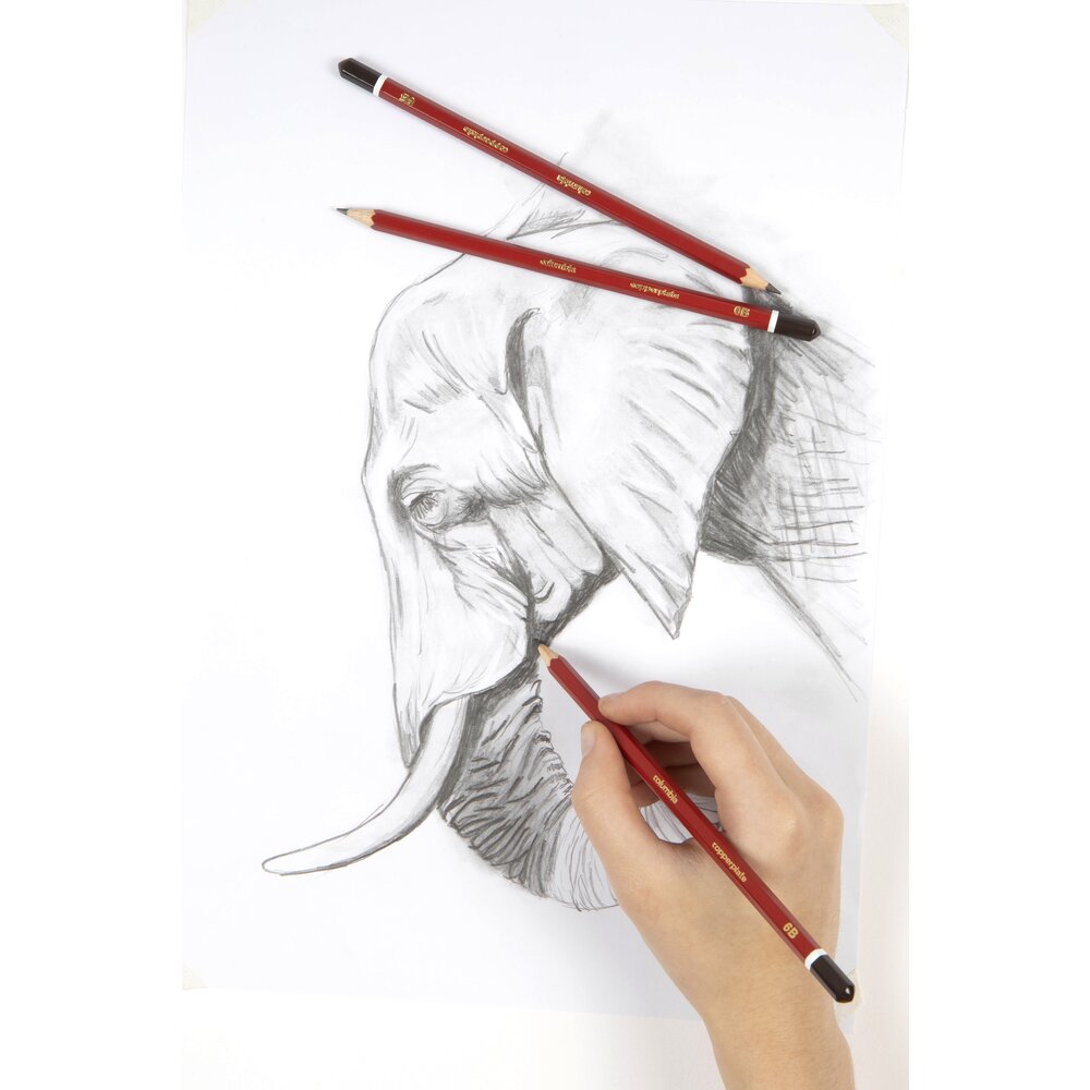 A hand shading a pencil drawing of an elephant's head on white paper, with two red Columbia Copperplate pencils with dark brown caps lying near the top of the drawing