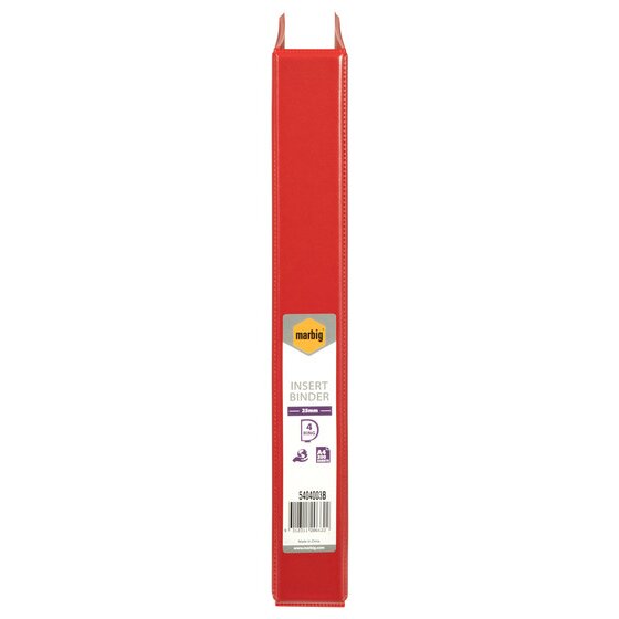 Spine of the red Marbig Clearview insert binder, with the retail label reading marbig INSERT BINDER, 25mm, 4 RING and A4 200 SHEETS above the code 5404003B and its barcode.