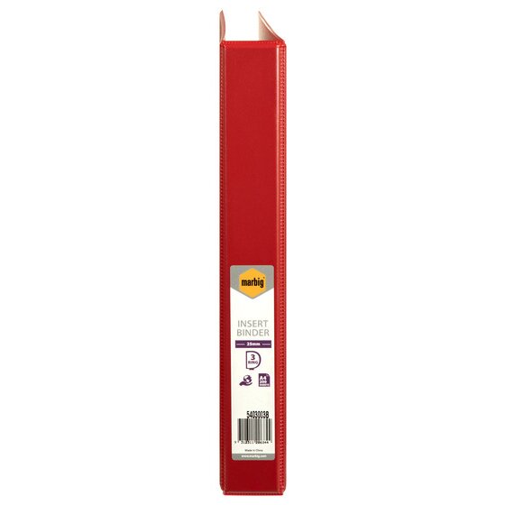 Spine of the red Marbig Clearview insert binder, with the retail label reading marbig INSERT BINDER, 25mm, 3 RING and A4 200 SHEETS above the code 5403003B and its barcode.