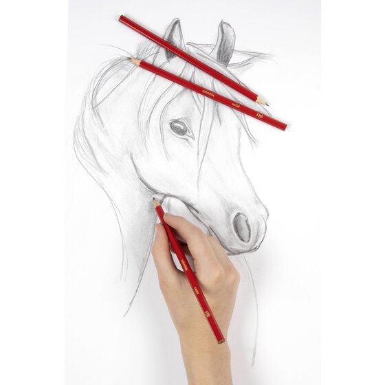 Hand drawing a horse in graphite with a red Columbia Cadet pencil, other Cadet pencils placed on top of the paper