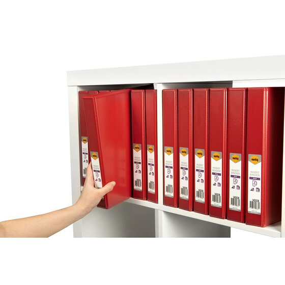 A hand lifting one red Marbig Clearview insert binder out of a white shelving unit filled with matching red binders, each carrying its printed retail spine label.