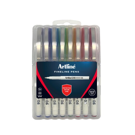 Artline 210 Brights wallet, clear case with mixed coloured caps and a PROTECTIVE ARTLINE CASE card