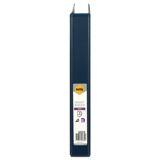 Spine of the blue Marbig Clearview insert binder, with the retail label reading marbig INSERT BINDER, 25mm, 3 RING and A4 200 SHEETS above the code 5403001B and its barcode.