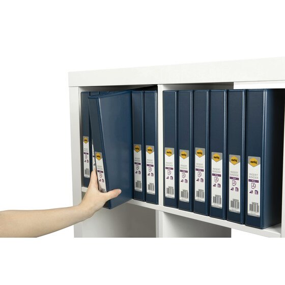 A hand lifting one blue Marbig Clearview insert binder out of a white shelving unit filled with matching blue binders, each carrying its printed retail spine label.