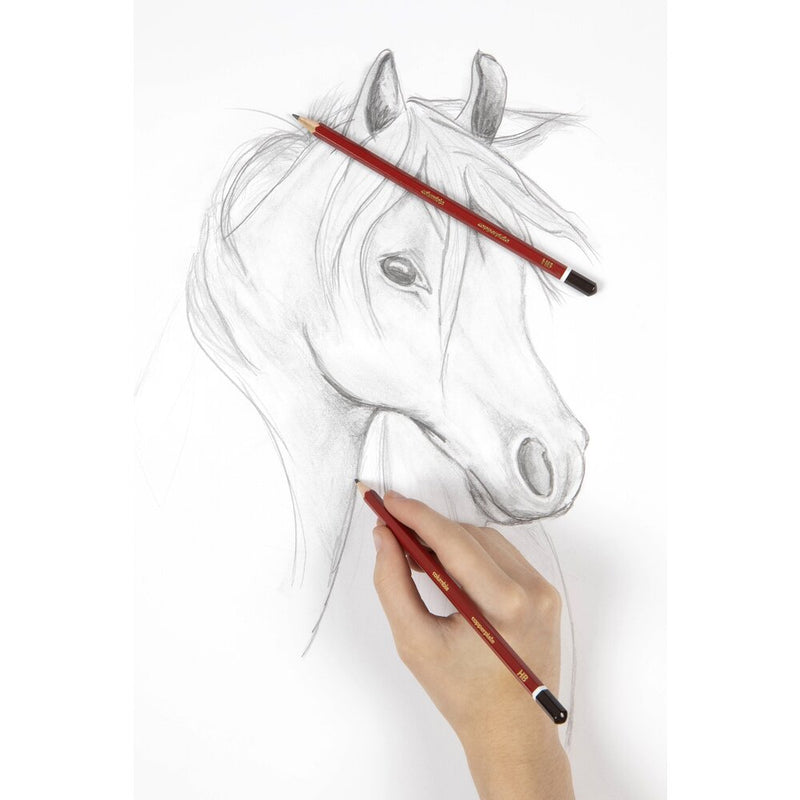 Hand sketching a horse's head in pencil with a red Columbia Copperplate pencil, a second Copperplate pencil resting across the top of the drawing