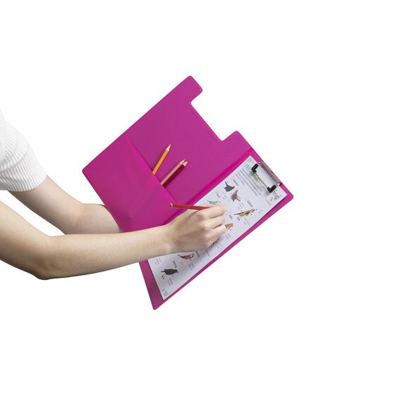 Hand writing on a sheet in an open pink Marbig Summer Colours clipfolder, pencils tucked into the pocket inside the cover
