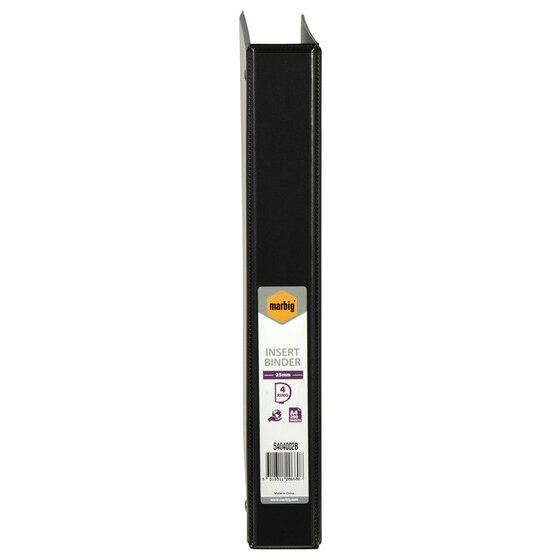 Spine of the black Marbig Clearview insert binder, with the retail label reading marbig INSERT BINDER, 25mm, 4 RING and A4 200 SHEETS above the code 5404002B and its barcode.