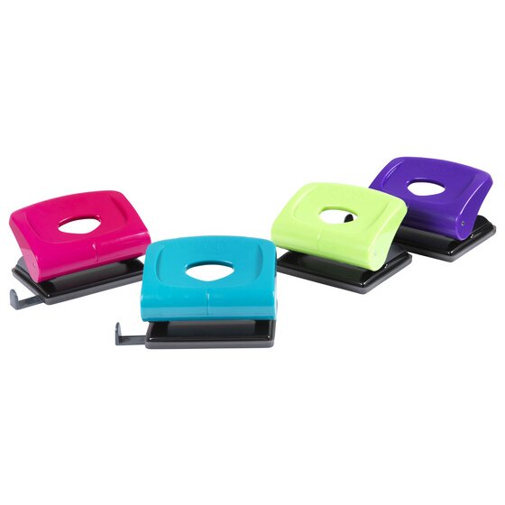 Four two hole punches in magenta, blue, lime and purple with black bases, arranged in a curved row