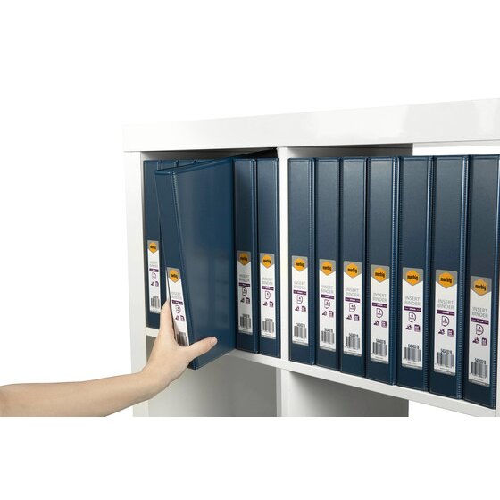 A hand lifting one blue Marbig Clearview insert binder out of a white shelving unit filled with matching blue binders, each carrying its printed retail spine label.