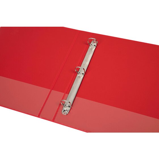 Red Marbig Clearview insert binder lying open, showing three D shaped rings on a rail fixed to the back cover and the clear overlay panel across the inside face.
