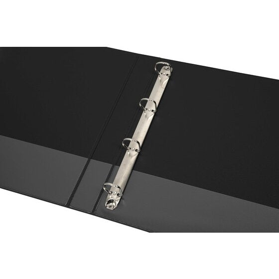 Black Marbig Clearview insert binder lying open, showing four D shaped rings on a rail fixed to the back cover and the clear overlay panel across the inside face.