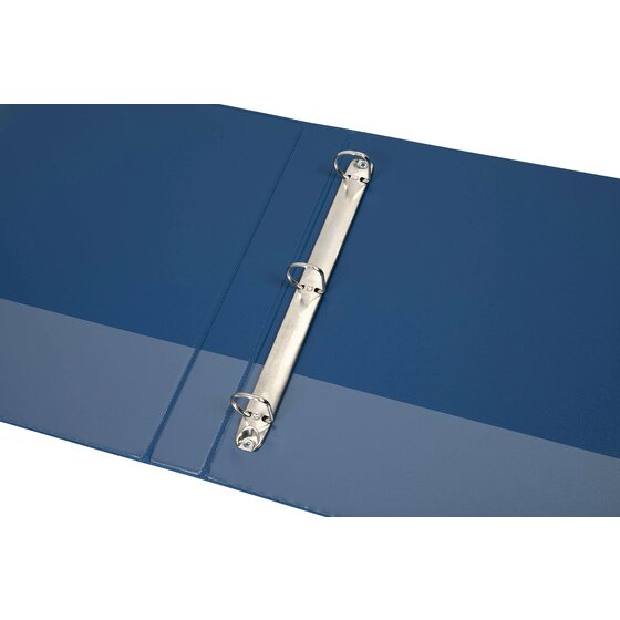 Blue Marbig Clearview insert binder lying open, showing three D shaped rings on a rail fixed to the back cover and the clear overlay panel across the inside face.