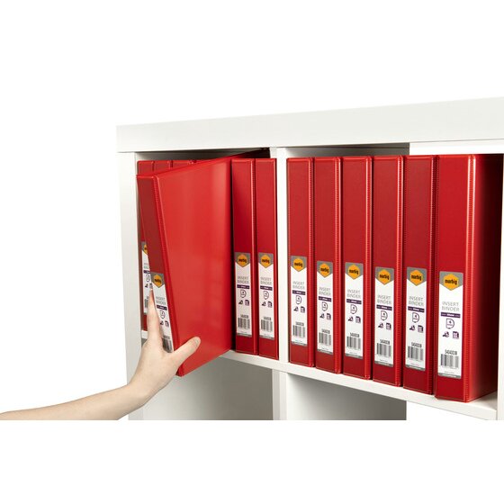 A hand lifting one red Marbig Clearview insert binder out of a white shelving unit filled with matching red binders, each carrying its printed retail spine label.