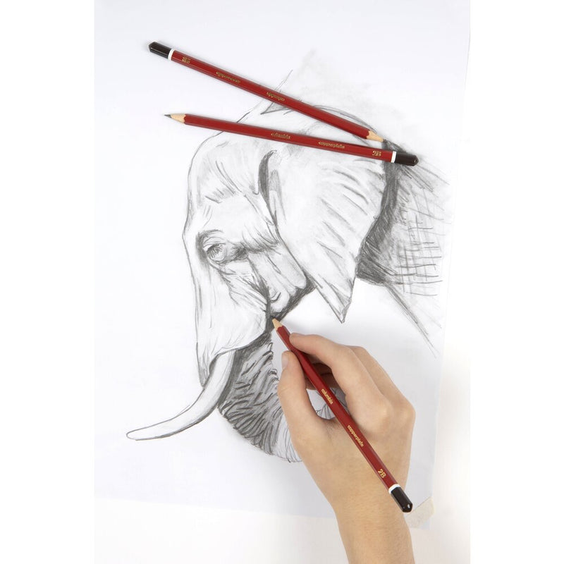A hand shading a pencil drawing of an elephant's head on white paper, with two red Columbia Copperplate pencils with dark brown caps resting across the sketch