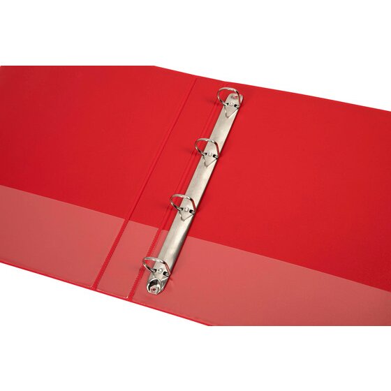 Red Marbig Clearview insert binder lying open, showing four D shaped rings on a rail fixed to the back cover and the clear overlay panel across the inside face.