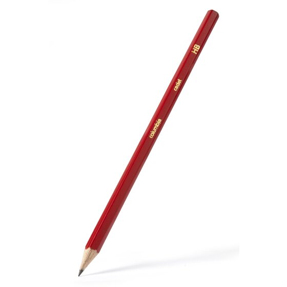Red Columbia Cadet HB pencil standing diagonally on a white background, gold print along the hexagonal barrel and a sharpened tip