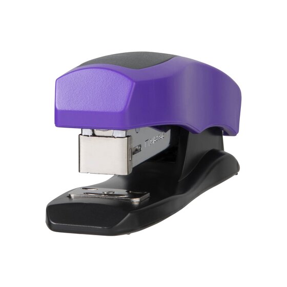 Front view of a purple Marbig half strip stapler with a black base and chrome staple head