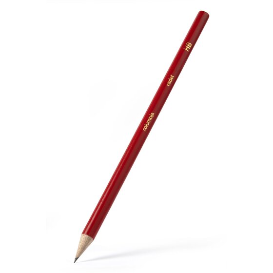 Columbia Cadet round HB pencil standing at an angle on its point, red barrel with gold lettering against a white background