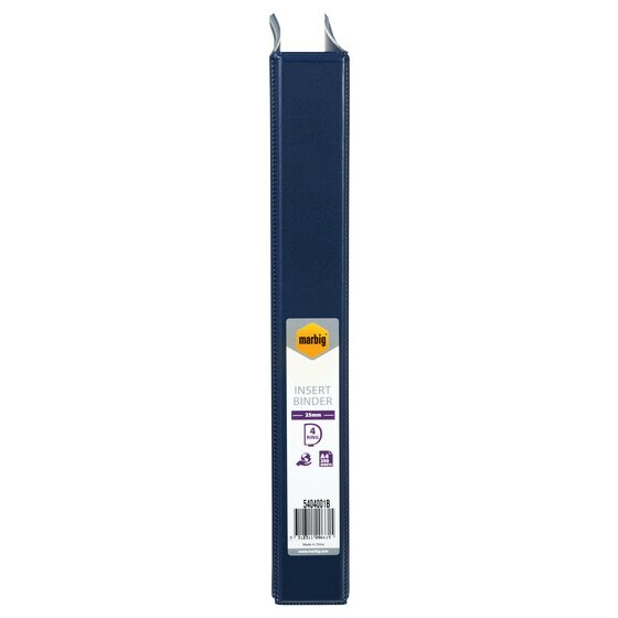 Spine of the blue Marbig Clearview insert binder, with the retail label reading marbig INSERT BINDER, 25mm, 4 RING and A4 200 SHEETS above the code 5404001B and its barcode.