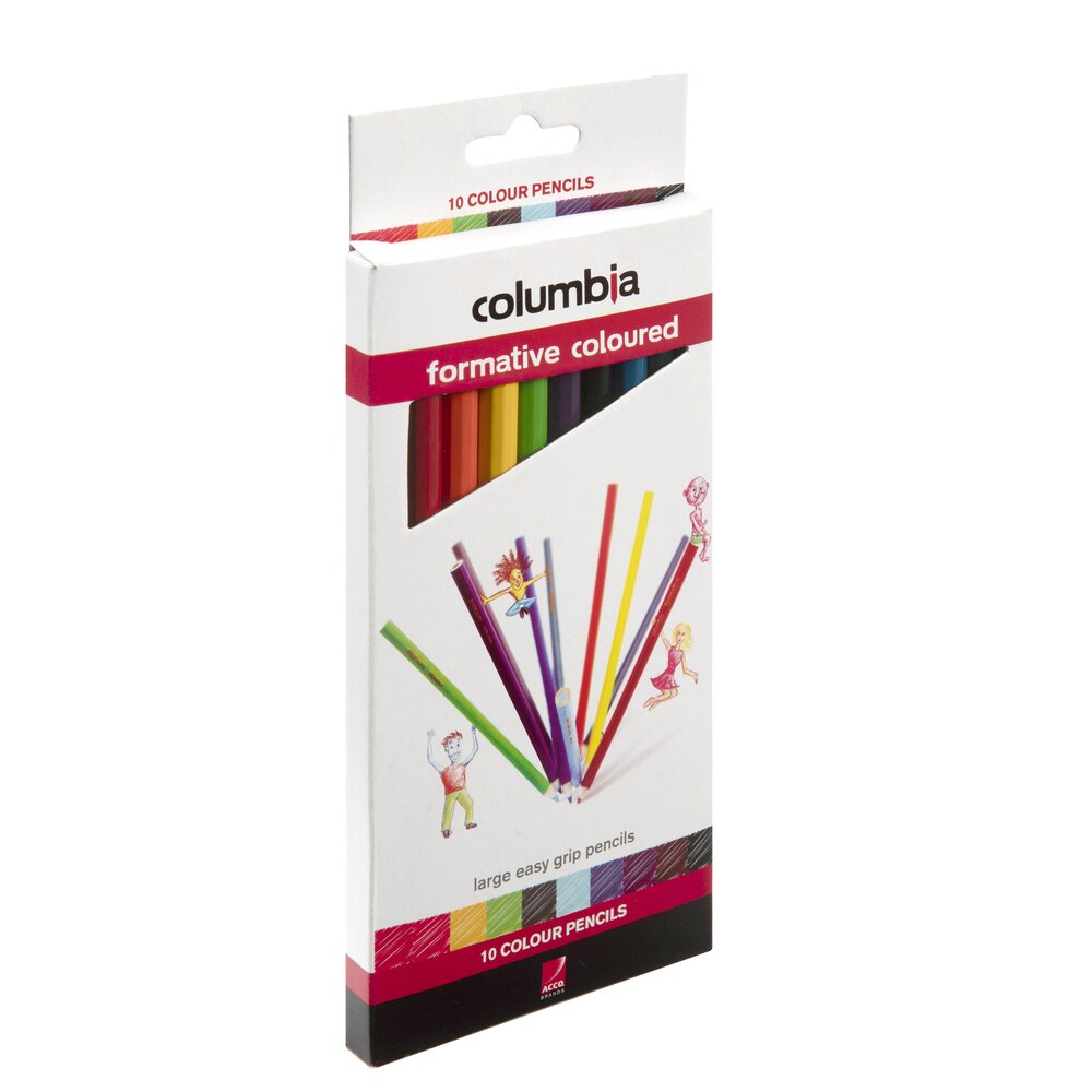 Current Columbia Formative coloured box with the ACCO Brands logo, printed large easy grip pencils and 10 Colour Pencils, illustrated with a fan of pencils and drawn children