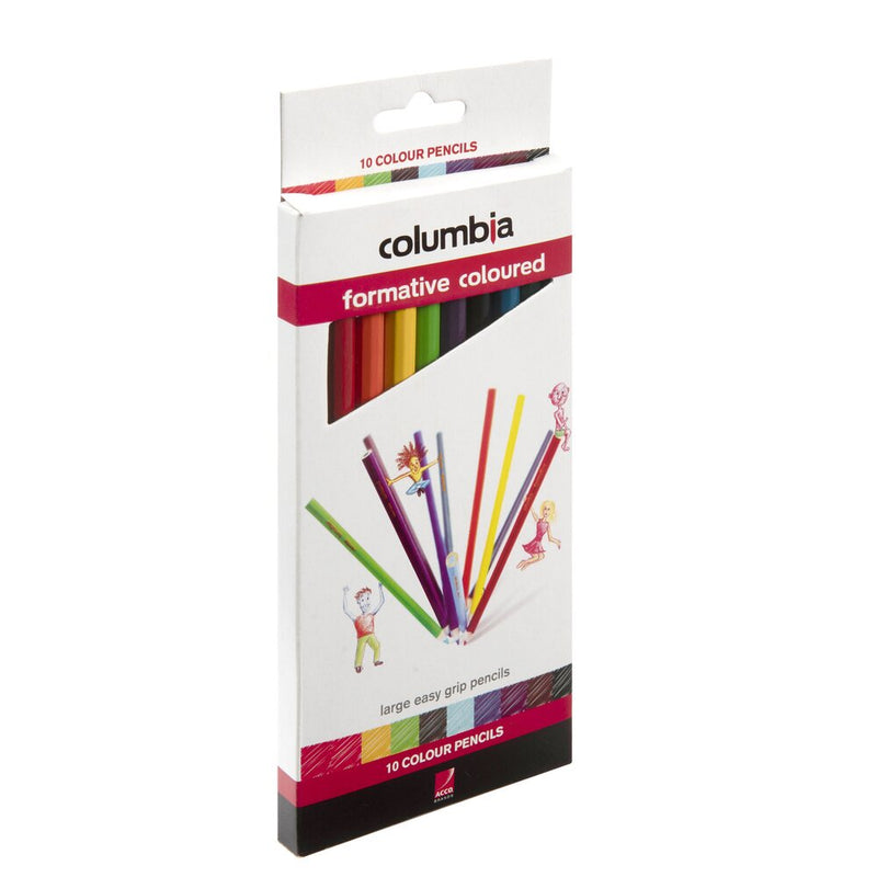 Current Columbia Formative coloured box with the ACCO Brands logo, printed large easy grip pencils and 10 Colour Pencils, illustrated with a fan of pencils and drawn children