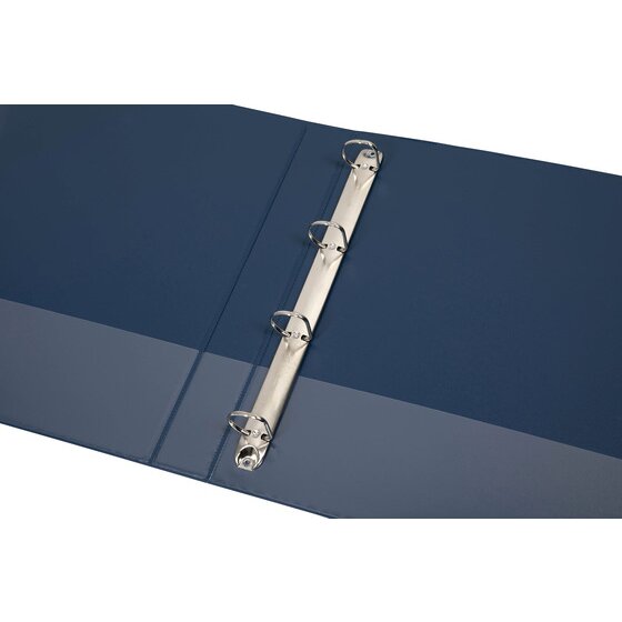 Blue Marbig Clearview insert binder lying open, showing four D shaped rings on a rail fixed to the back cover and the clear overlay panel across the inside face.