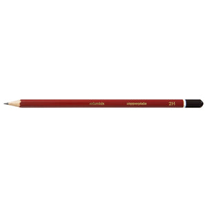 Single Columbia Copperplate 2H pencil lying horizontally, red hexagonal barrel printed columbia, copperplate and 2H in gold, with a dark brown cap at one end and a sharpened point at the other