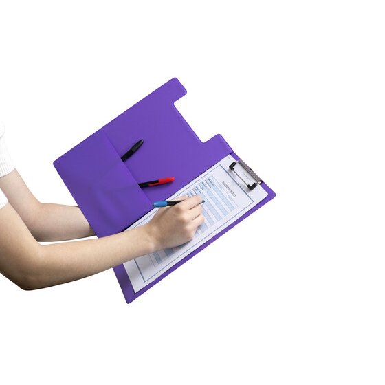 Hand writing on a form in an open purple Marbig Summer Colours clipfolder, pens held in the pocket inside the cover
