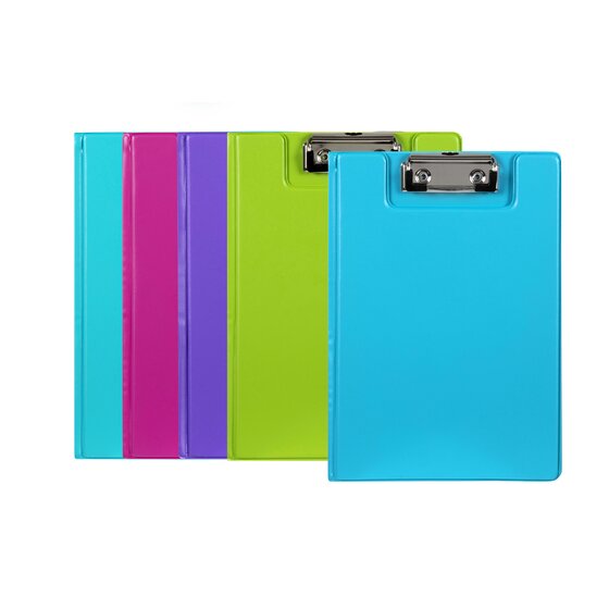 Five Marbig Summer Colours clipfolders standing in a row in blue, pink, purple, lime and blue, the front blue folder showing its silver wire clip