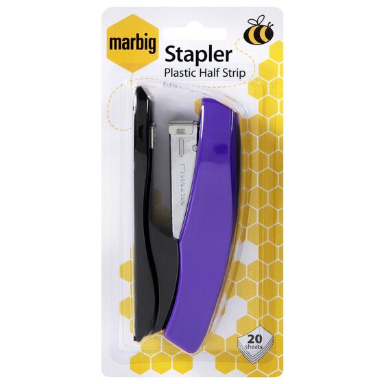 Marbig Stapler Plastic Half Strip retail card holding a purple and black stapler, with a 20 sheets icon
